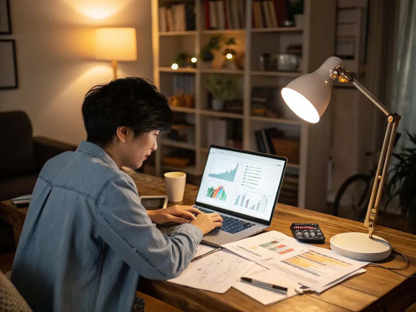 A focused individual studies a detailed financial chart on a computer screen, surrounded by books and notes, in a well-lit, modern home office setting, emphasizing concentration and learning.