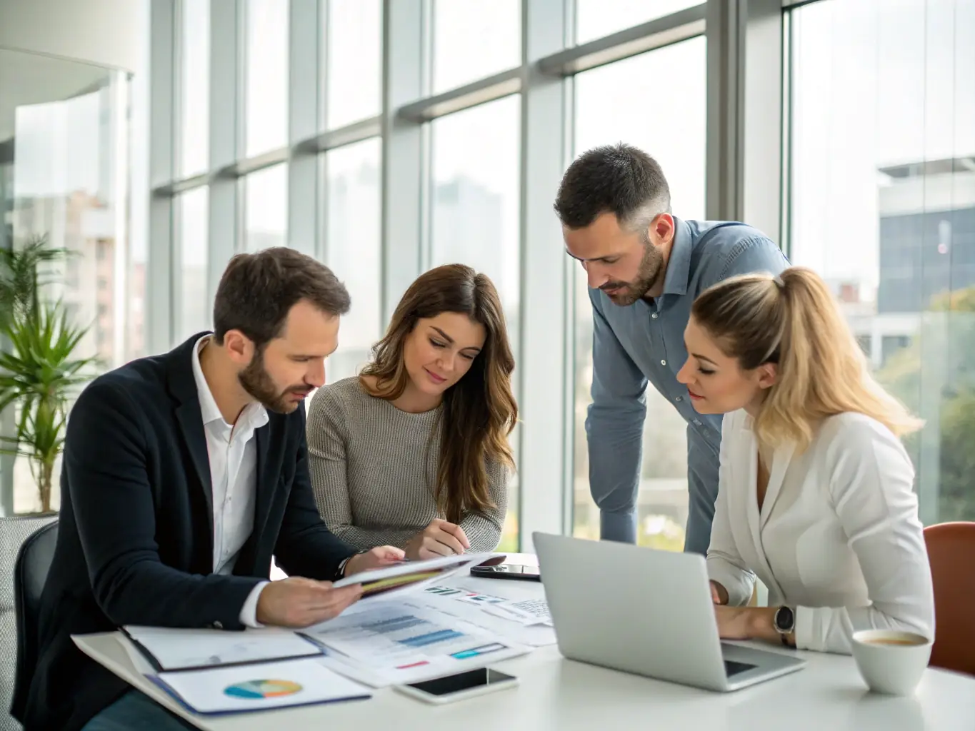 A diverse group of professionals collaborates on a risk management strategy, using a whiteboard filled with charts and data, in a brightly lit, collaborative office environment.