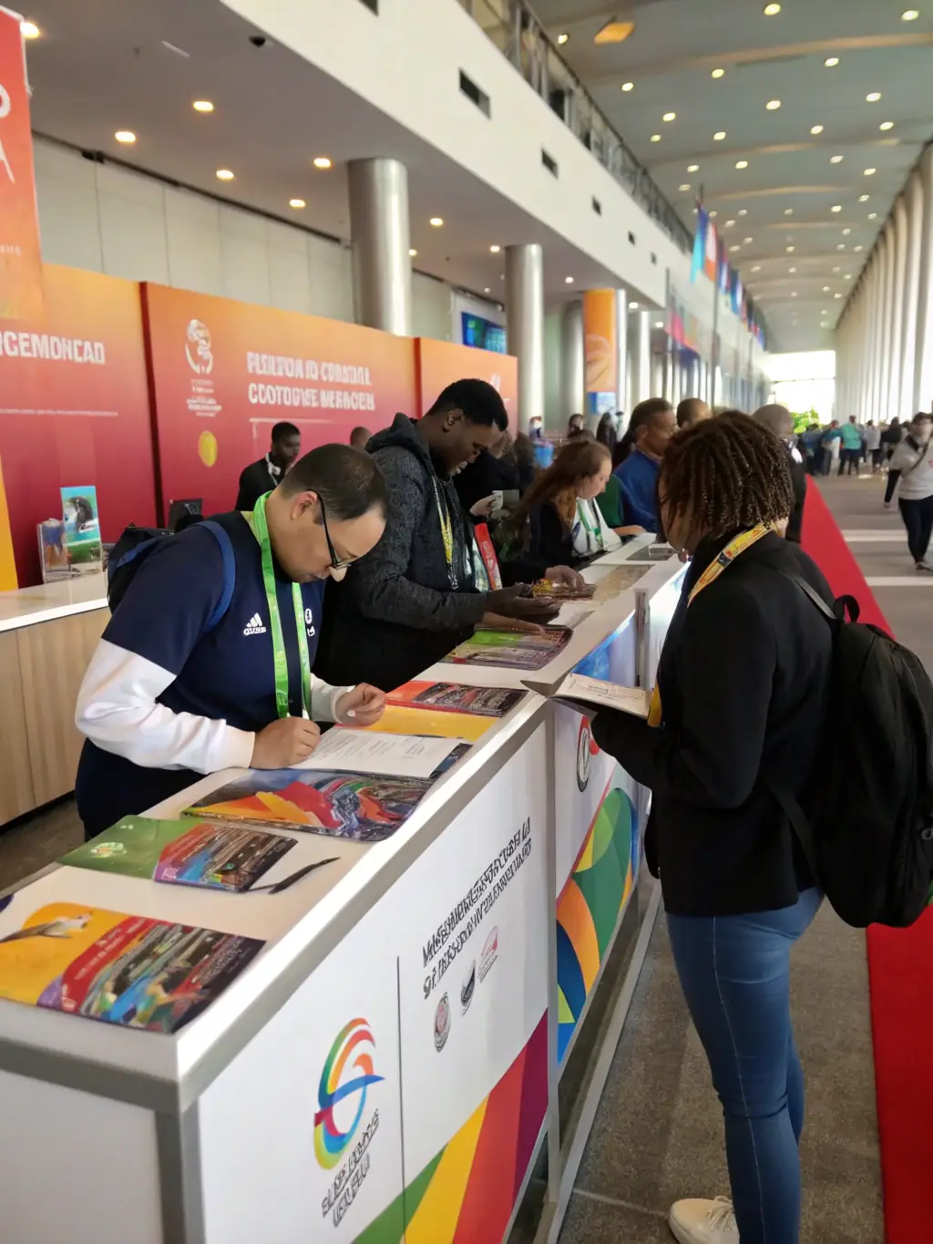 A registration booth at the business finance conference, with staff assisting attendees with the registration process and providing conference materials.