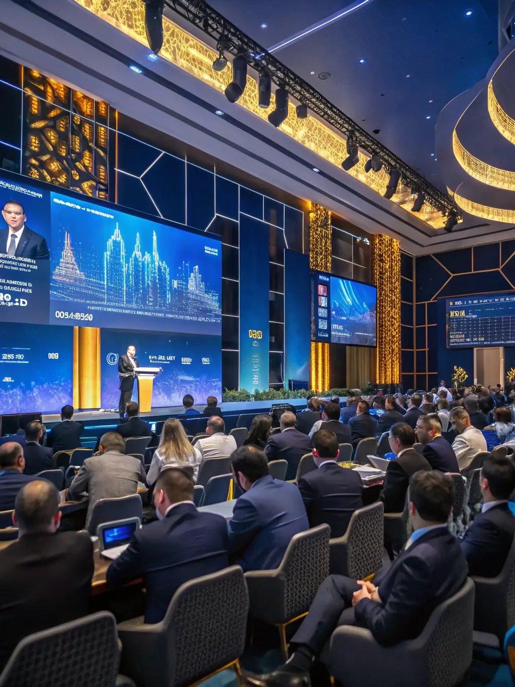 A modern conference venue with attendees networking during a coffee break at the business finance conference in India.